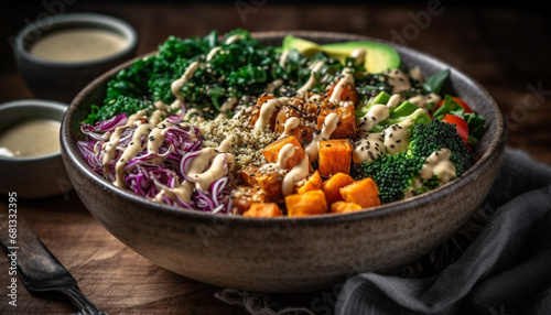 Fresh gourmet vegetarian bowl with healthy organic quinoa and kale generated by AI