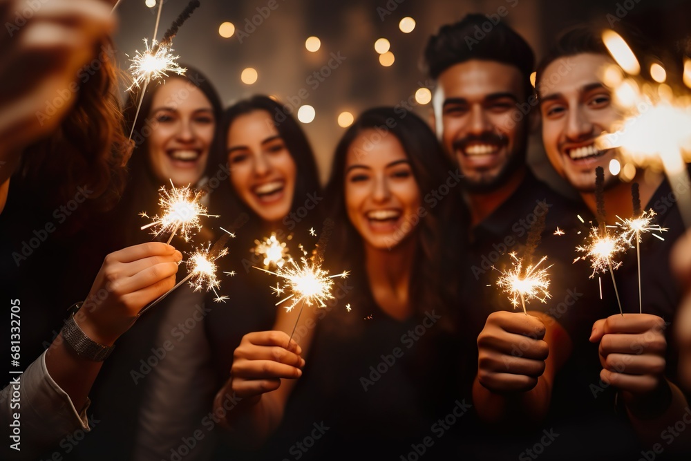 Friends enjoying celebrating happy new year party at night holding burning bengal lights in hands Friends enjoying celebrating happy new year party at night holding burning bengal lights in hands