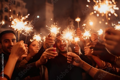 Friends enjoying celebrating happy new year party at night holding burning bengal lights in hands