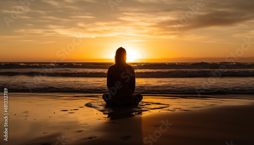 One person meditating in lotus position at tranquil coastline generated by AI © Jeronimo Ramos