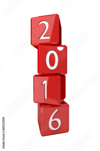 Digital png illustration of red cubes with 2016 text on transparent background