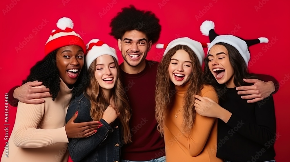 portrait of Friends group laughing enjoying and celebrating together on red studio background portrait of Friends group laughing enjoying and celebrating together on red studio background