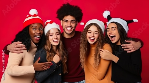 portrait of Friends group laughing enjoying and celebrating together on red studio background 