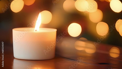 Closeup of a single, delicately scented candle flame, bringing a sense of calm and peace to the holiday season. photo