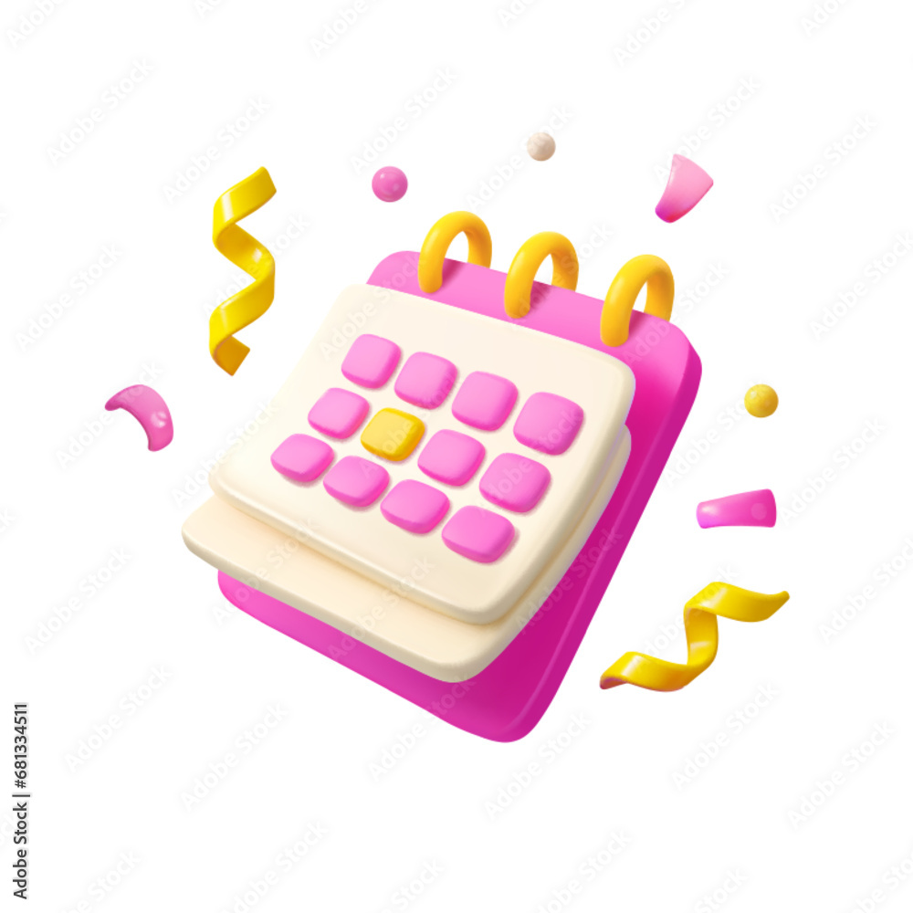 Vector 3d Birthday calendar with confetti icon. Pink and yellow cartoon render agenda mockup isolated on white background, special dating day concept. Save the date illustration