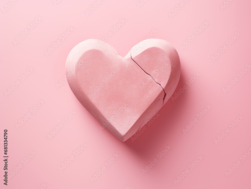 Heart made of clay on contrast pink background. A cracked heart. Valentine's Day concept.
