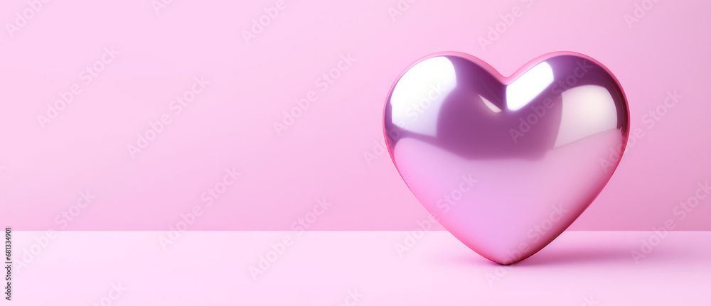 heart made of shiny enamel or balloon on contrast pink background. Valentine's Day concept. Copy space. 3D style imitation. Banner.