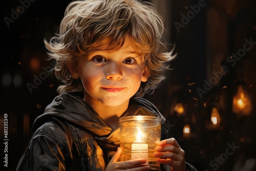 Child's face illuminated by the glow of a Christmas candle.