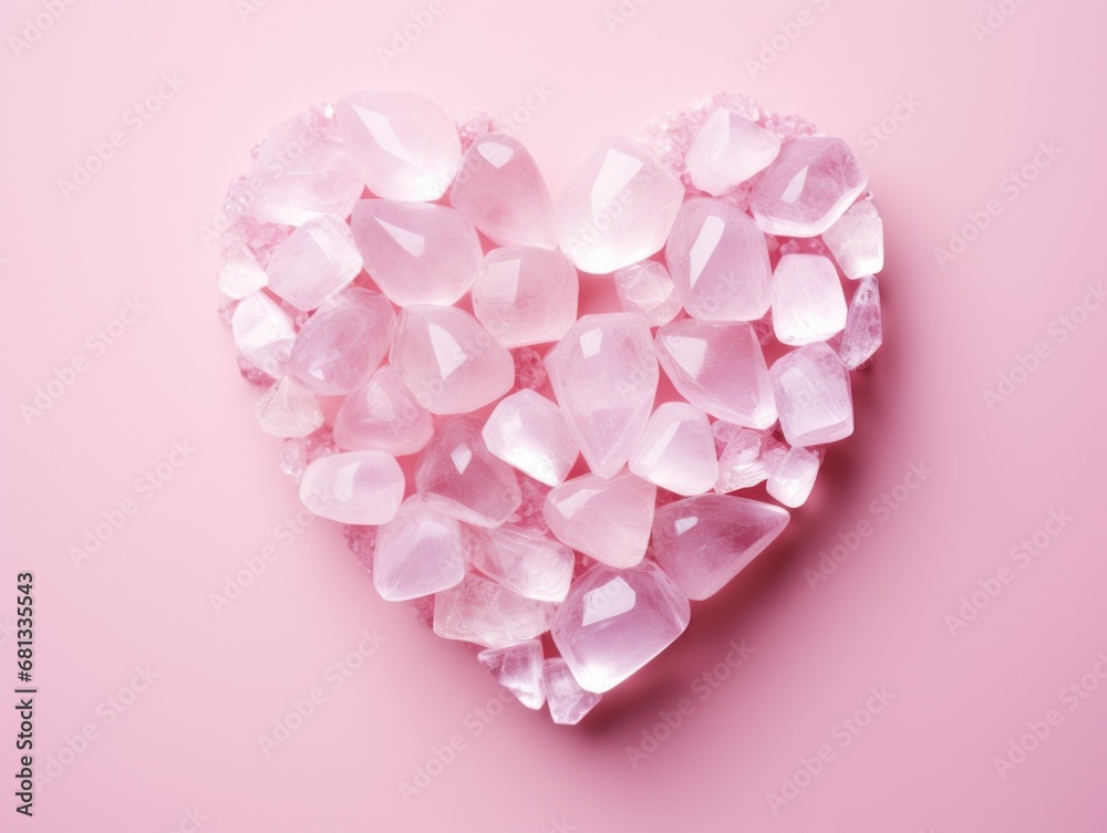 Heart made of quartz crystals on contrast pink background. Valentine's Day concept.