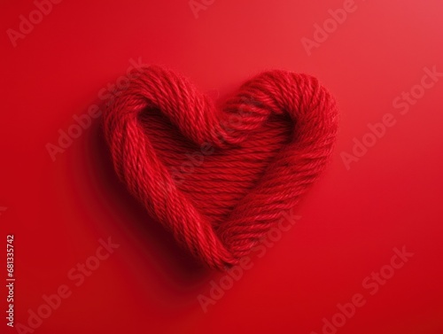 Heart made of wool on contrast red background. Valentine s Day concept.