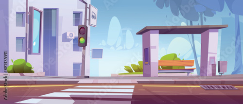 City street with bus stop bench and road crossing. Vector cartoon illustration of pedestrian crosswalk near house, green traffic light in summer town with trees, sewage grate on pavement, cityscape