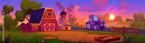 Cartoon farm landscape on sunset or sunrise with barn, wind mill and tractor standing on field. Vector illustration of rural agriculture house and equipment in ranch scenery under pink gradient sky.