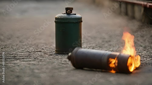 Closeup canister being shut off, with flames immediately extinguishing nozzle emitting faint hissing sound. photo