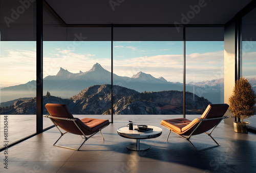 the modern patio of a house under the mountain view