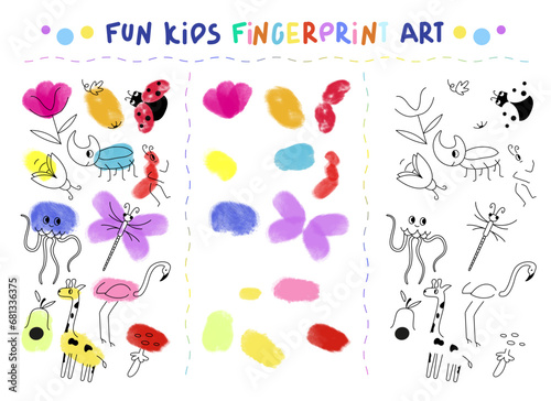 Fingerprint art set. Colorful nursery learning paint baby painted art activities. Fingerprint art game. Paint with finger prints. Doodle animals and insects drawing. Kids fingerprint learning art game