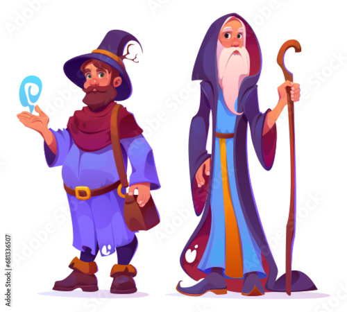 Mystical sorcerer with witchcraft powers. Cartoon vector set of two male magician characters - merlin with grey beard in long robe with staff and warlock wearing hat with mystery light on hand.