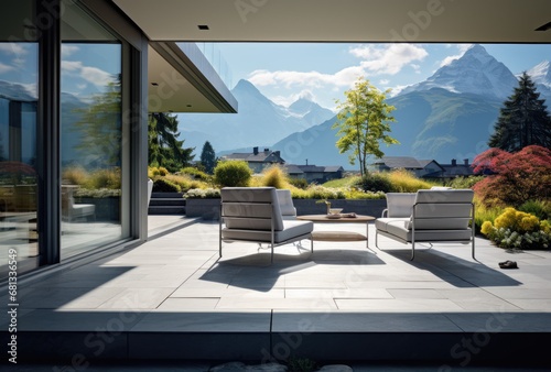 the modern patio of a house under the mountain view © Kien