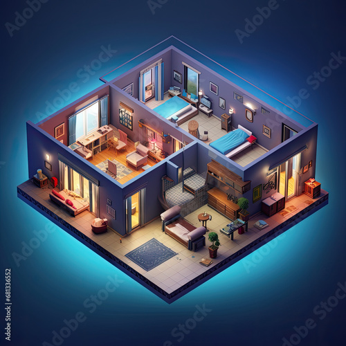 3D model house floor plan with a view of furnished rooms inside, isometric, AI Generated