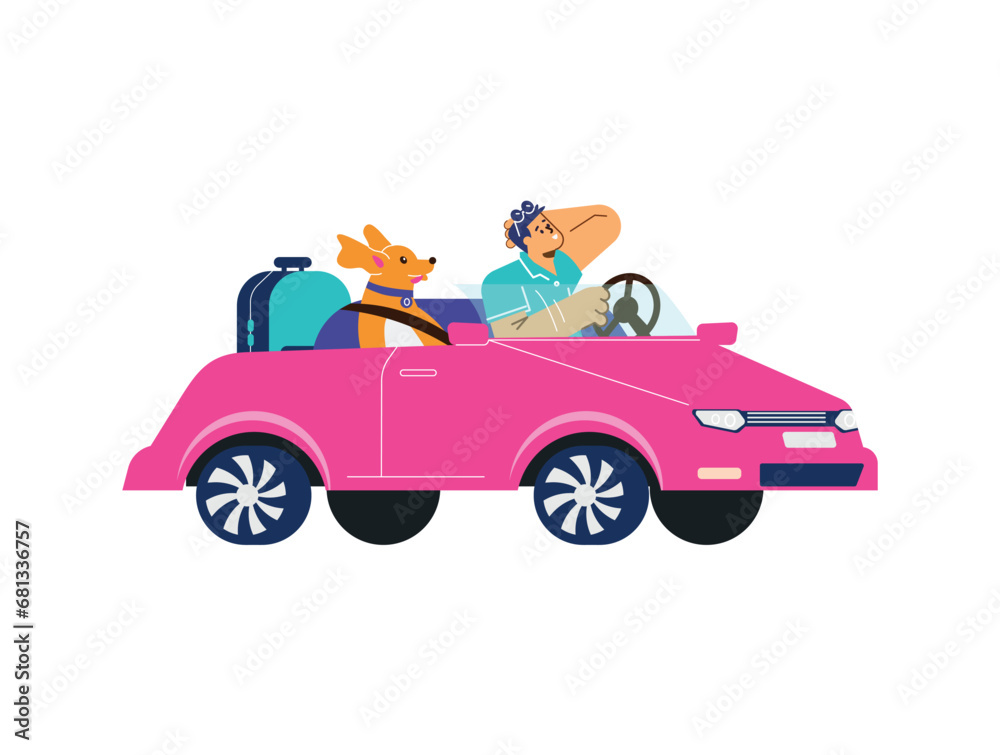 Car travel with dog, vector flat cartoon illustration isolated on white