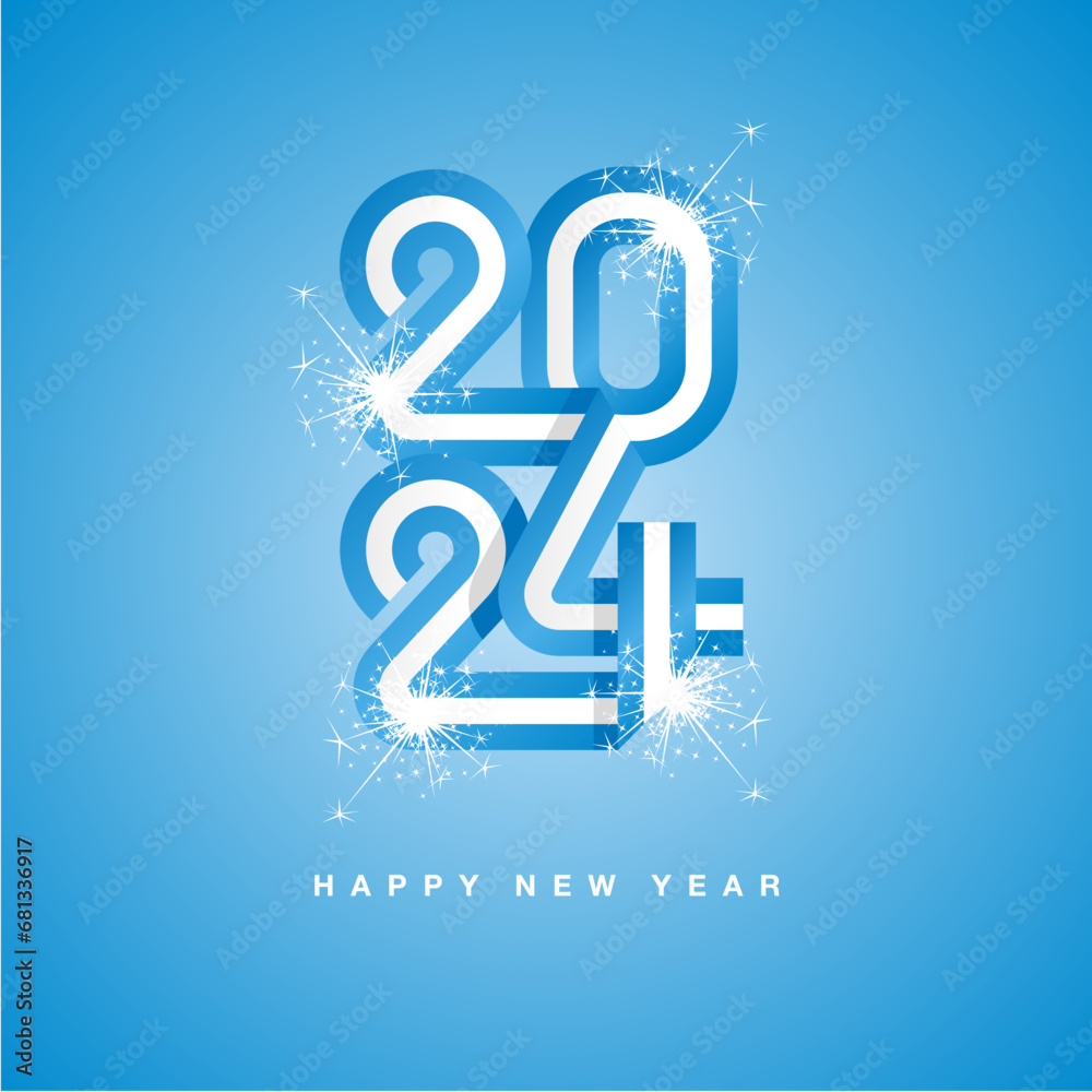 Fototapeta premium 2024 New Year continuous Argentina ribbon. Abstract light blue white flag of Argentina in the shape of 2024 logo with sparkle firework. New Year concept template