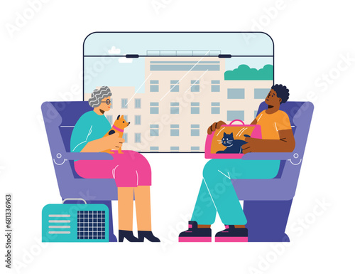 People on public transport with their pets, cartoon vector carriers for dogs and cats, comfortable trip with animals