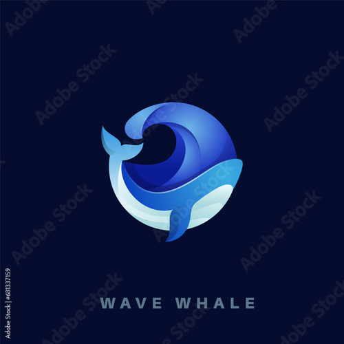 Gradient whale blue vector logo design illustration with wave in sea graphic element for brand, big fish logo template