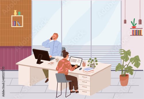 Office people worker. Vector illustration. The workplace provides employment opportunities for individuals seeking professional growth Partnerships between companies create synergies and expand