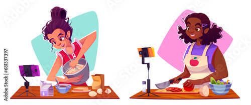 Food video blog - cartoon vector illustration set of two young women cooking and streaming or recording process. Girls demonstrate tutorial of making dough, preparing pastries and chopping vegetables.