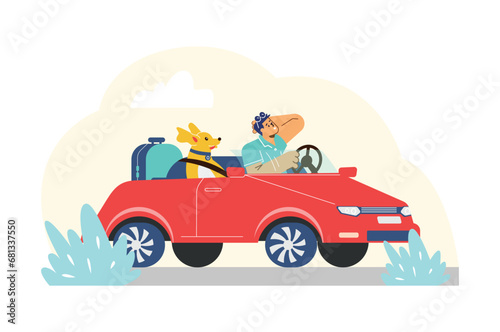 Man traveling together with pet in car  flat vector illustration isolated.