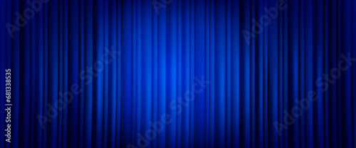 Closed blue theater or cinema curtain on stage with circle spotlight. Realistic vector background of broadway show or movie ceremony fabric waved drapery. Backdrop velvet tissue on scene with light.
