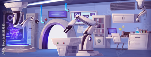 Cartoon lab technology interior vector background. Laboratory robot equipment for medical and science experiment. Futuristic dog transformer biotech modification. Ventilation and pipes in room
