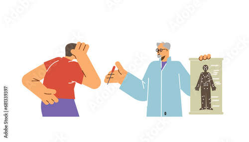 Acupuncture doctor and patient, two men, flat cartoon vector on white