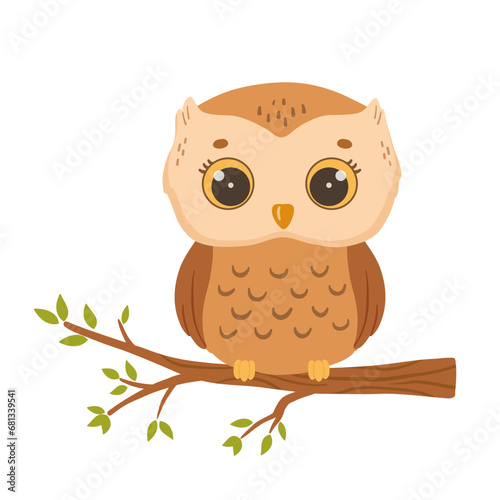 Vector cute baby owl on tree. Hand drawn character forest bird isolated on white background. Woodland illustration for kids