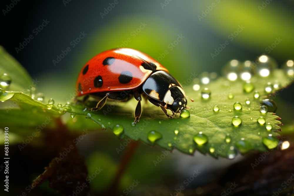 ladybug sitting on a leaf with dew drops ladybug sitting on a leaf with dew drops