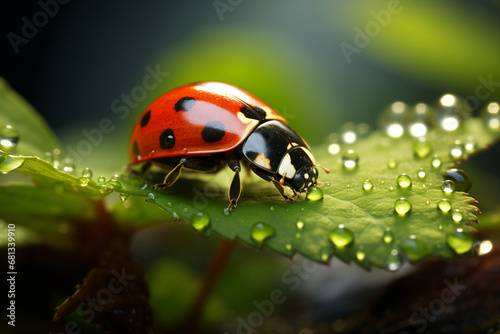 ladybug sitting on a leaf with dew drops