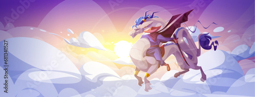 Rider on fantasy dragon in magic sky background. Sunrise chinese flying adventure in clouds beautiful fairytale landscape with mythical beast and warrior. Magical character with wings and horns