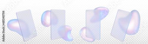 3d holographic glass morphism abstract liquid bubble shape. Futuristic chrome colorful iridescent color dynamic form with card surface and blur effect on surface isolated on transparent background