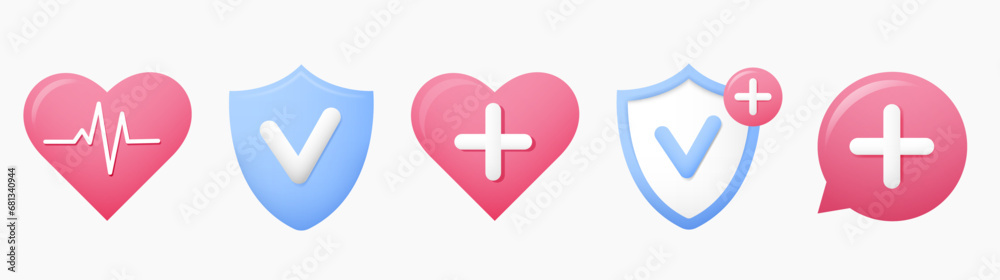 Heart with pulse, shield with checkmark, medical cross, icon collection. Health, insurance, medical, healthy lifestyle, protection concept. Vector illustration Cartoon minimal style Heart with pulse, shield with checkmark, medical cross, icon collection. Health, insurance, medical, healthy lifestyle, protection concept. Vector illustration Cartoon minimal style