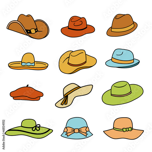 Vector hats in flat style. Colorful male and female hat