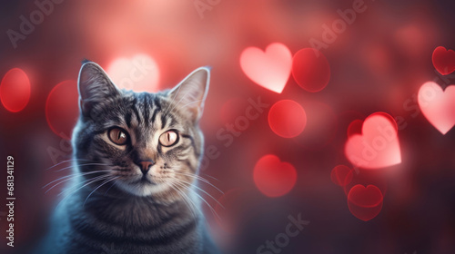 Cute cat on heart shape bokeh background