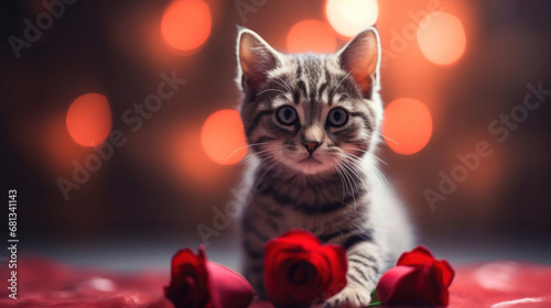 Cute cat with rose on heart shape bokeh background
