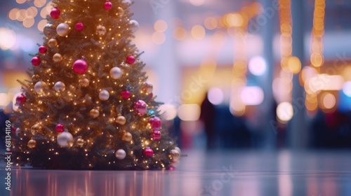 Christmas tree in front of a blurry shopping mall with people © tashechka
