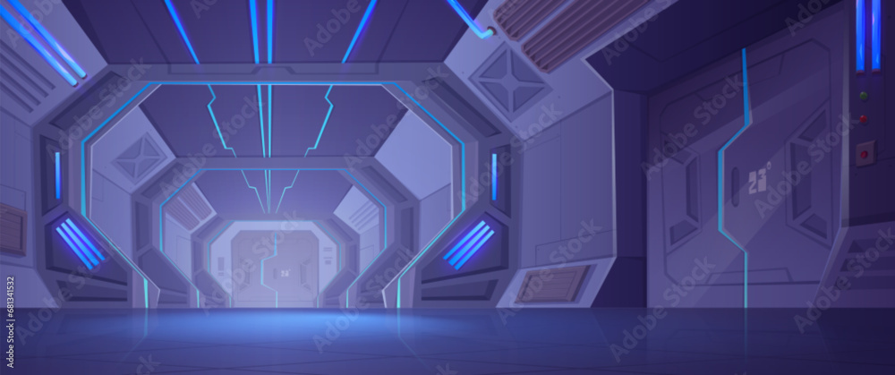 Futuristic spaceship metal door on ship interior background. 2d digital ...