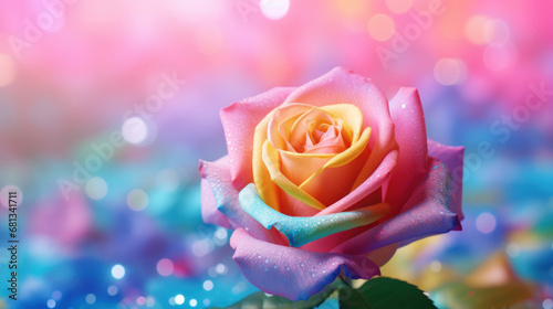 Rainbow roses petals on a colorful bokeh background.