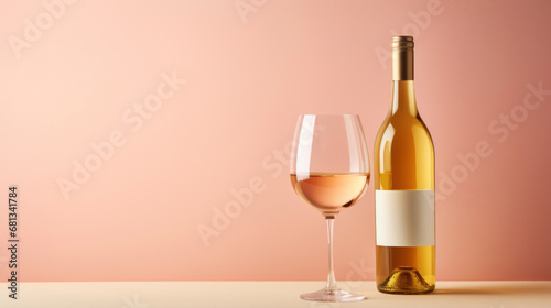 White wine bottle with a glass on a pastel pink background