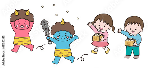 逃げる鬼と豆まきする子供のベクターイラスト。節分、男の子、女の子、かわいい