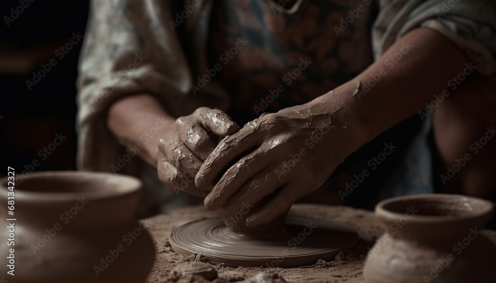 Craftsperson turning clay on pottery wheel, molding vase with skill generated by AI - obrazy, fototapety, plakaty 