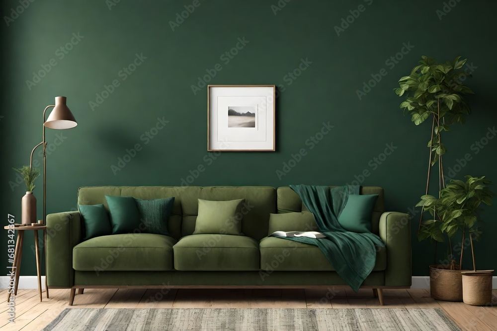 Wall mockup with a 3D rendered interior of a dark green farmhouse living room Wall mockup with a 3D rendered interior of a dark green farmhouse living room