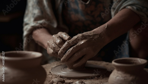 Craftsperson turning clay on pottery wheel, molding vase with skill generated by AI photo