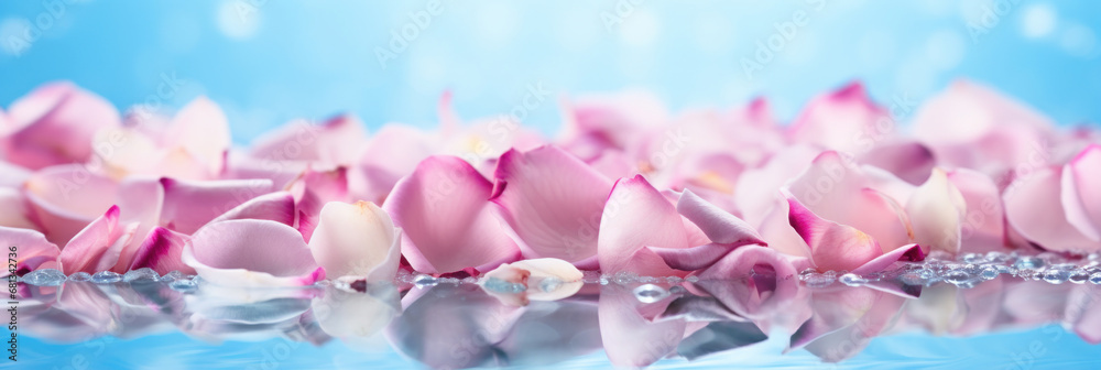 Fototapeta premium Pink roses petals on a blue bokeh background.